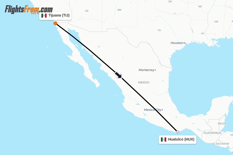 Flights from Tijuana to Huatulco route map