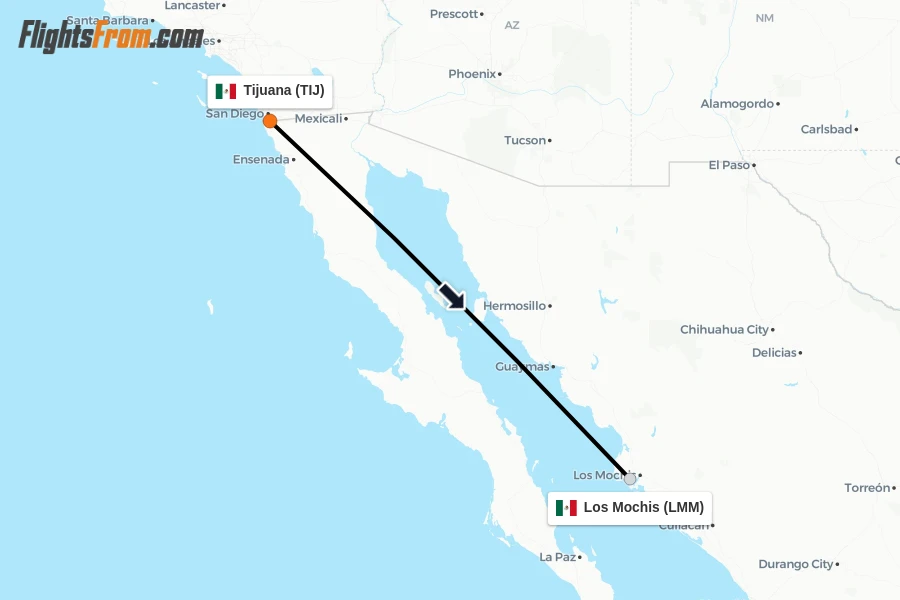 Flights from Tijuana to Los Mochis route map