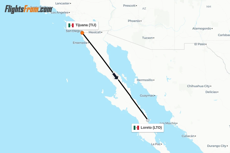 Flights from Tijuana to Loreto route map