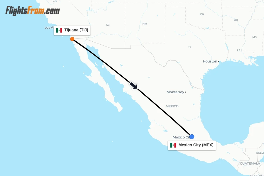 Flights from Tijuana to Mexico City route map