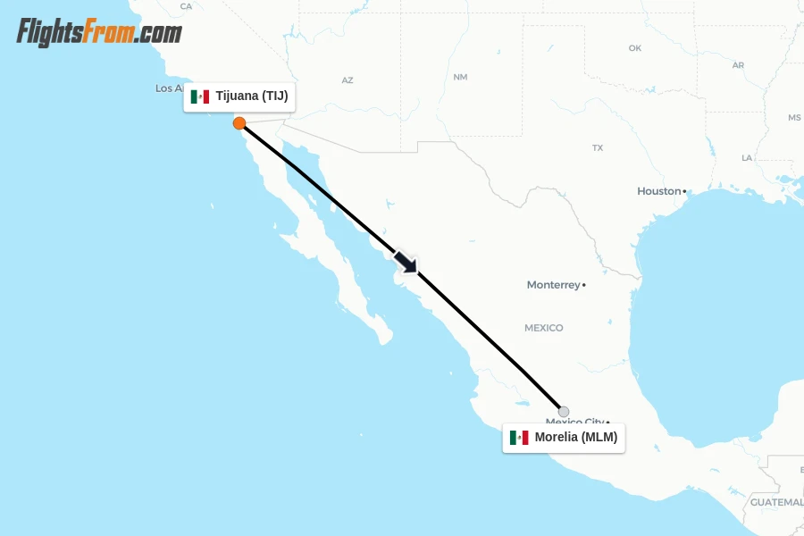 Flights from Tijuana to Morelia route map