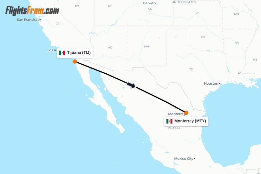 Flights from Tijuana to Monterrey route map