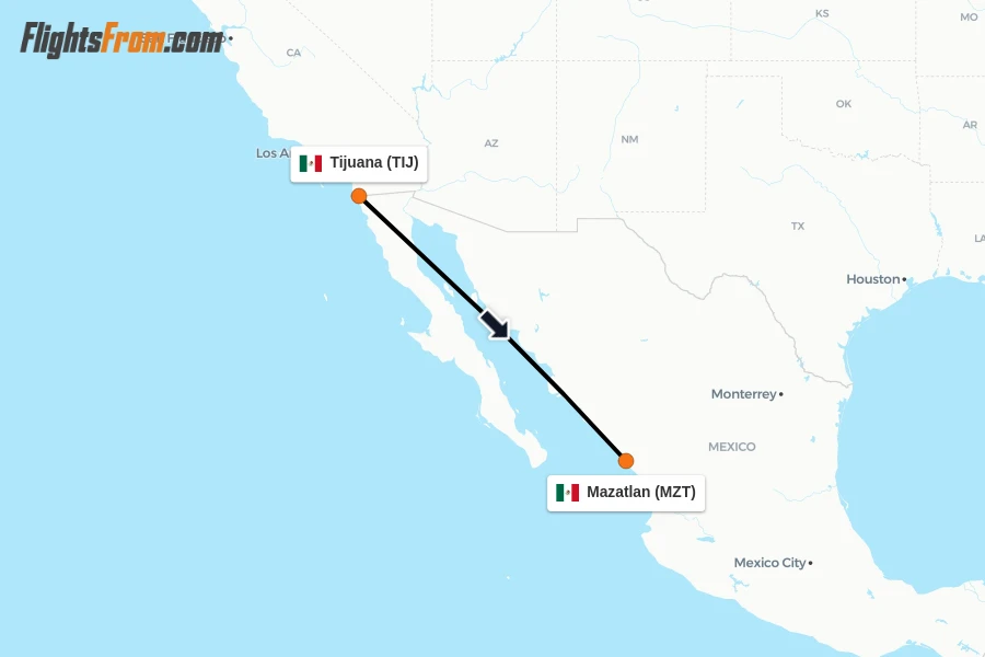 Flights from Tijuana to Mazatlan route map