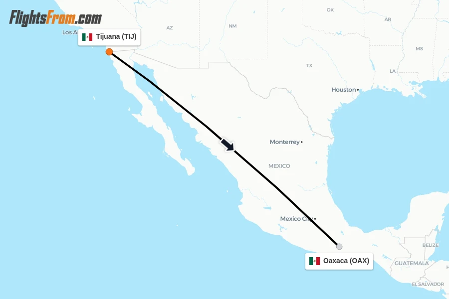 Flights from Tijuana to Oaxaca route map