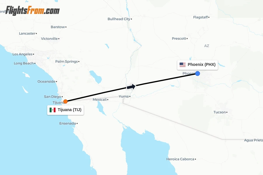 Flights from Tijuana to Phoenix route map