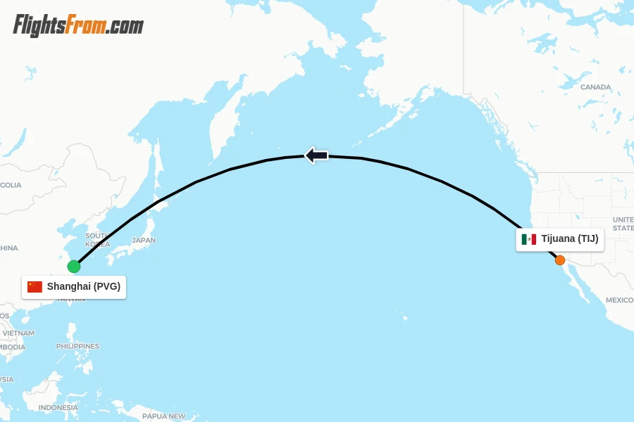 Flights from Tijuana to Shanghai route map