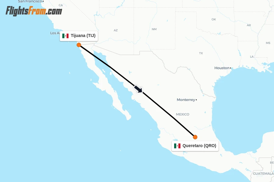 Flights from Tijuana to Queretaro route map