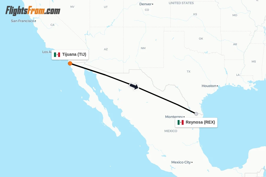 Flights from Tijuana to Reynosa route map