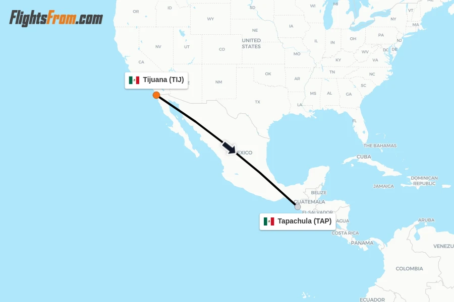 Flights from Tijuana to Tapachula route map