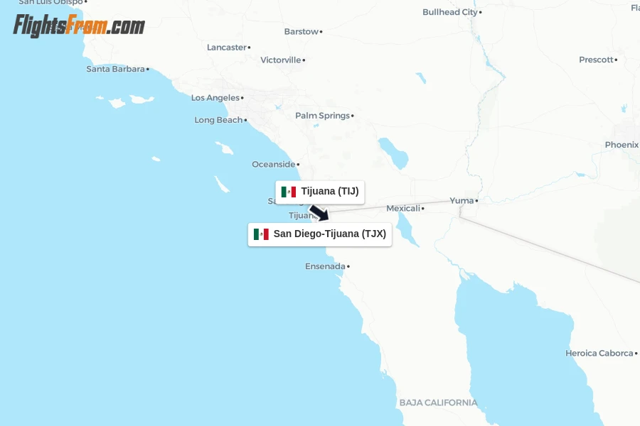 Flights from Tijuana to San Diego-Tijuana route map