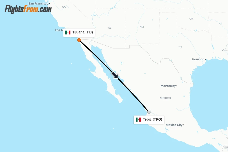 Flights from Tijuana to Tepic route map