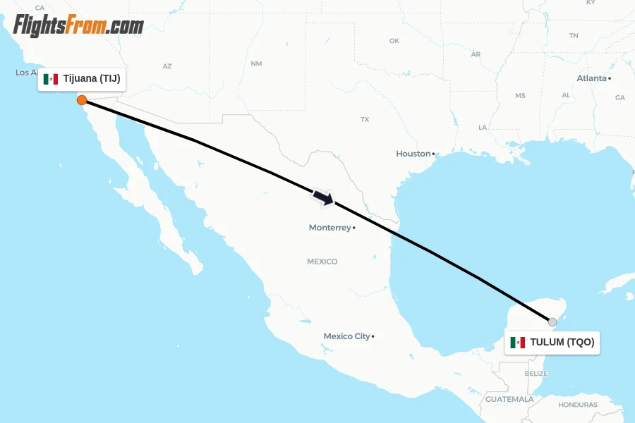 Flights from Tijuana to TULUM route map