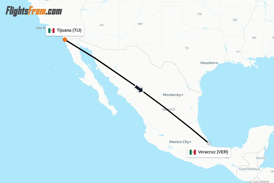 Flights from Tijuana to Veracruz route map