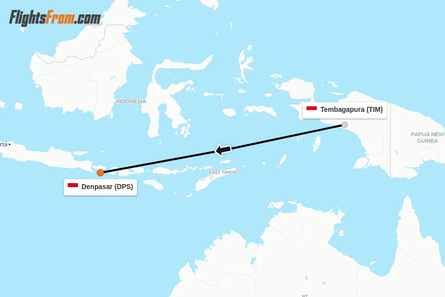Flights from Tembagapura to Denpasar route map