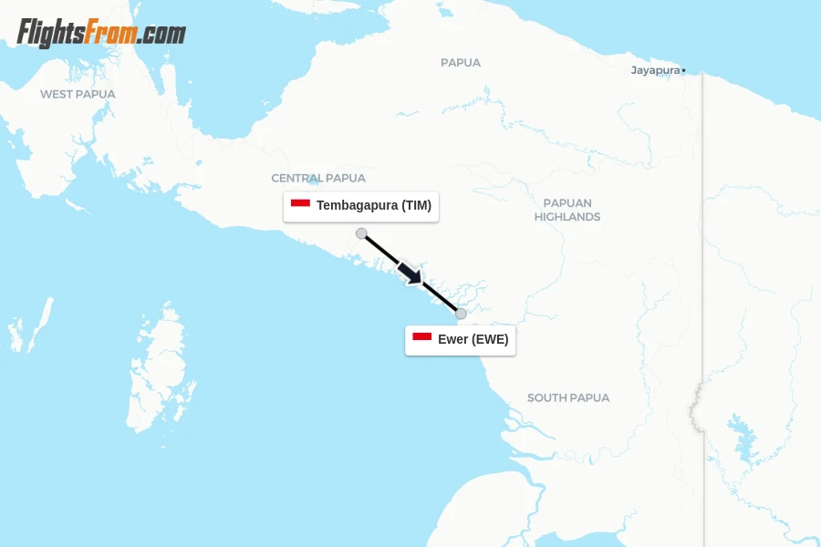 Flights from Tembagapura to Ewer route map