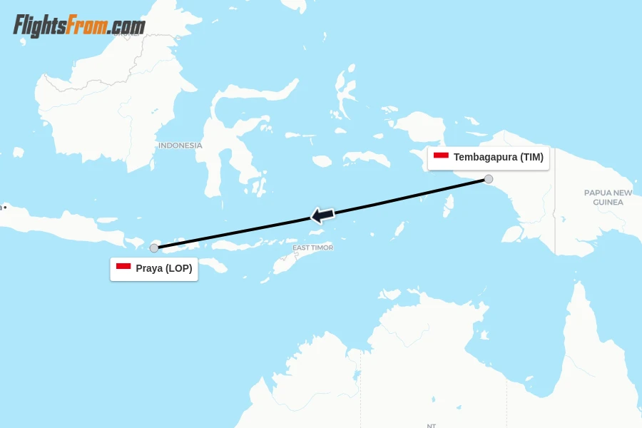 Flights from Tembagapura to Praya route map