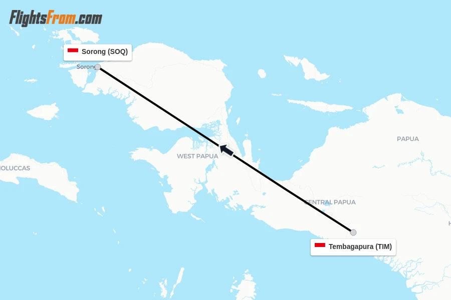 Flights from Tembagapura to Sorong route map