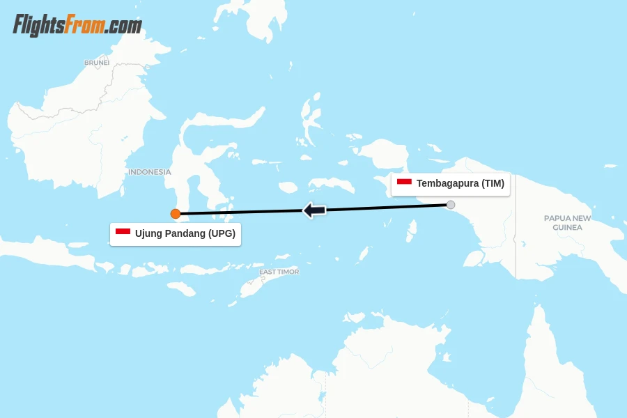 Flights from Tembagapura to Ujung Pandang route map