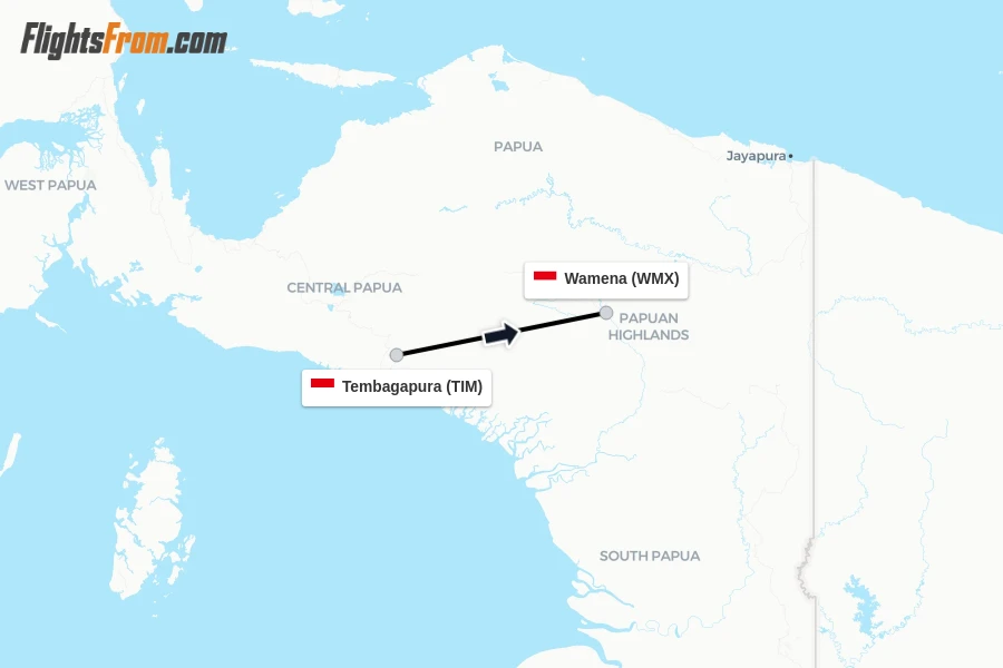 Flights from Tembagapura to Wamena route map