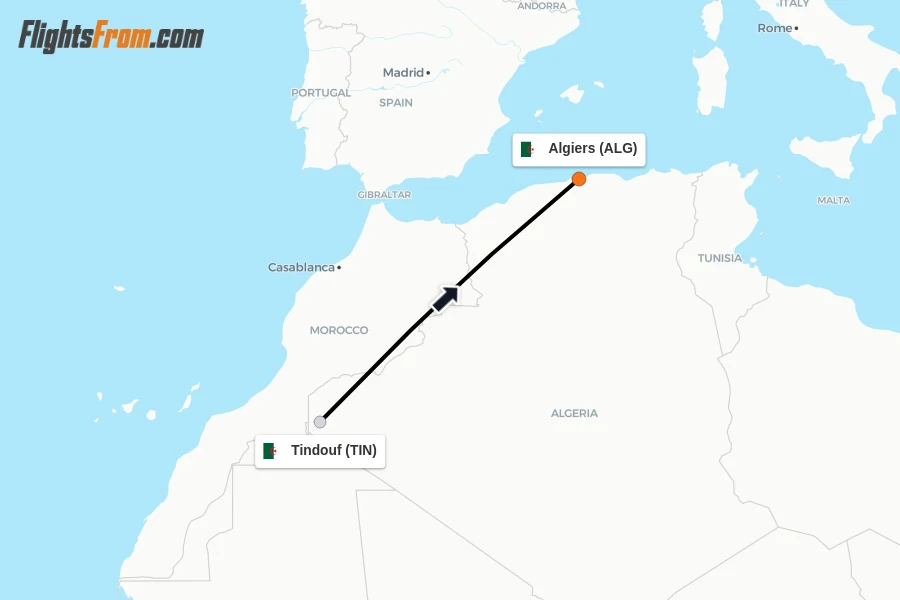 Flights from Tindouf to Algiers route map