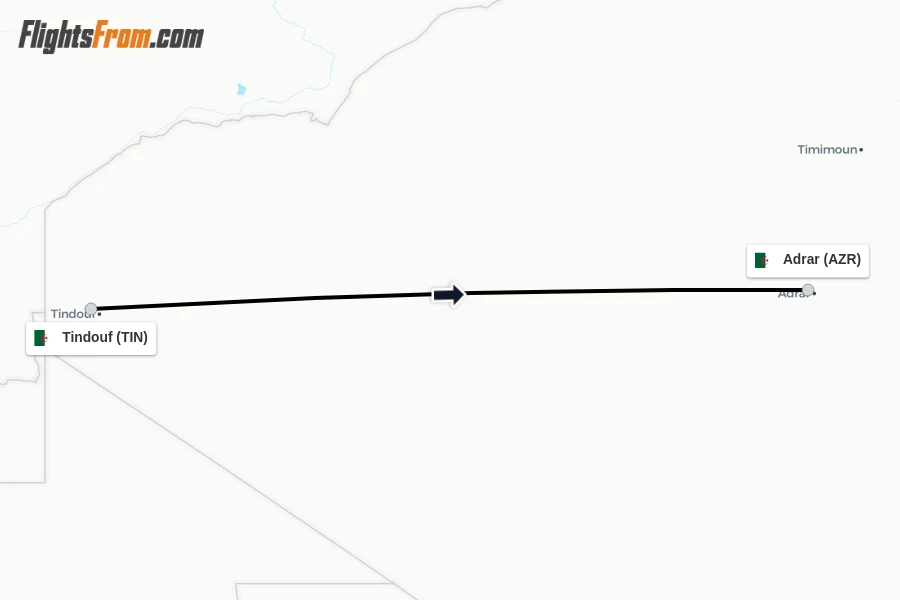 Flights from Tindouf to Adrar route map