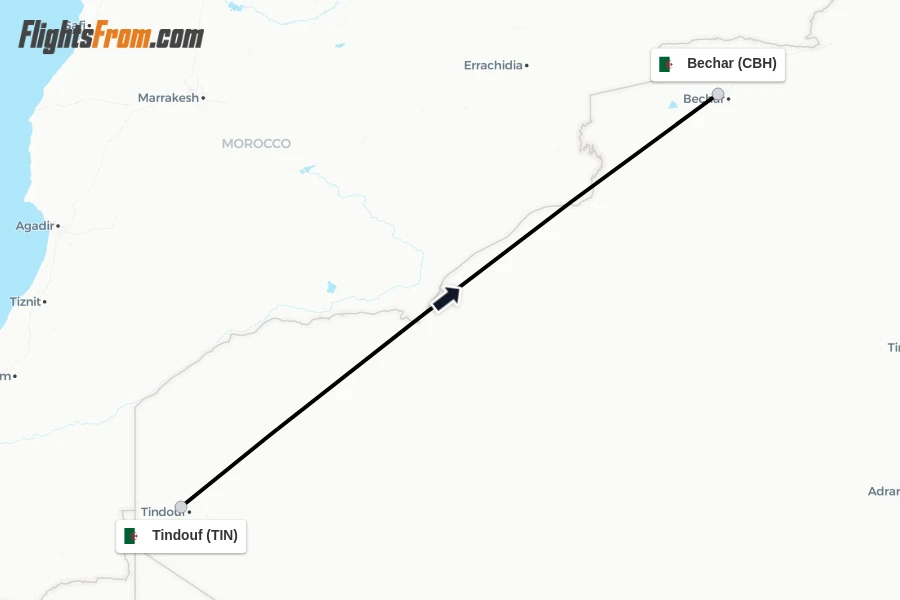 Flights from Tindouf to Bechar route map