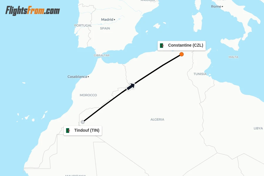 Flights from Tindouf to Constantine route map