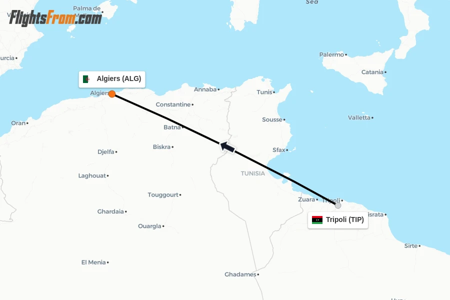 Flights from Tripoli to Algiers route map