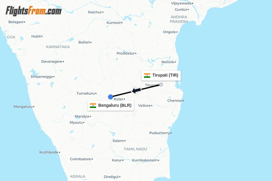 Flights from Tirupati to Bengaluru route map