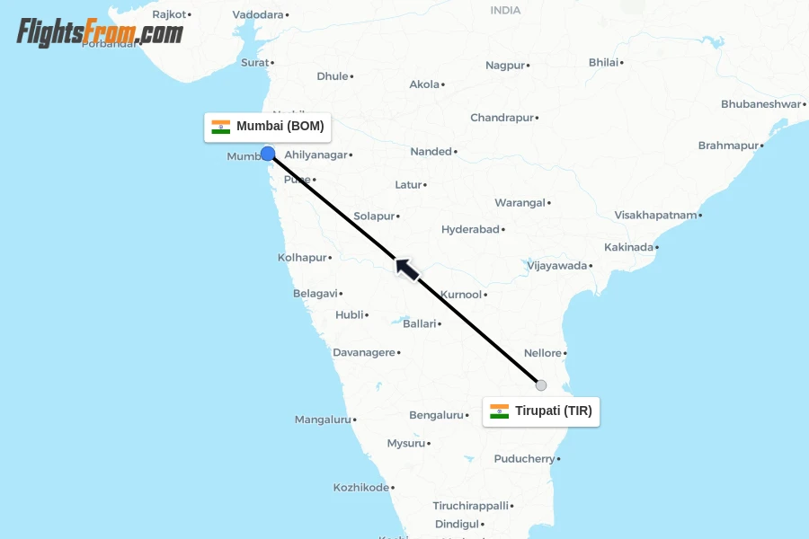 Flights from Tirupati to Mumbai route map