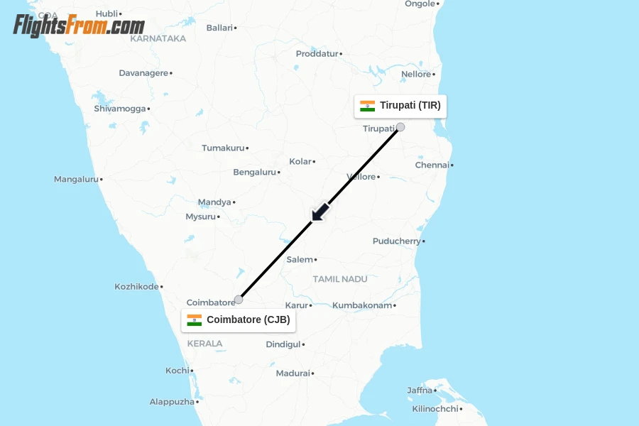 Flights from Tirupati to Coimbatore route map