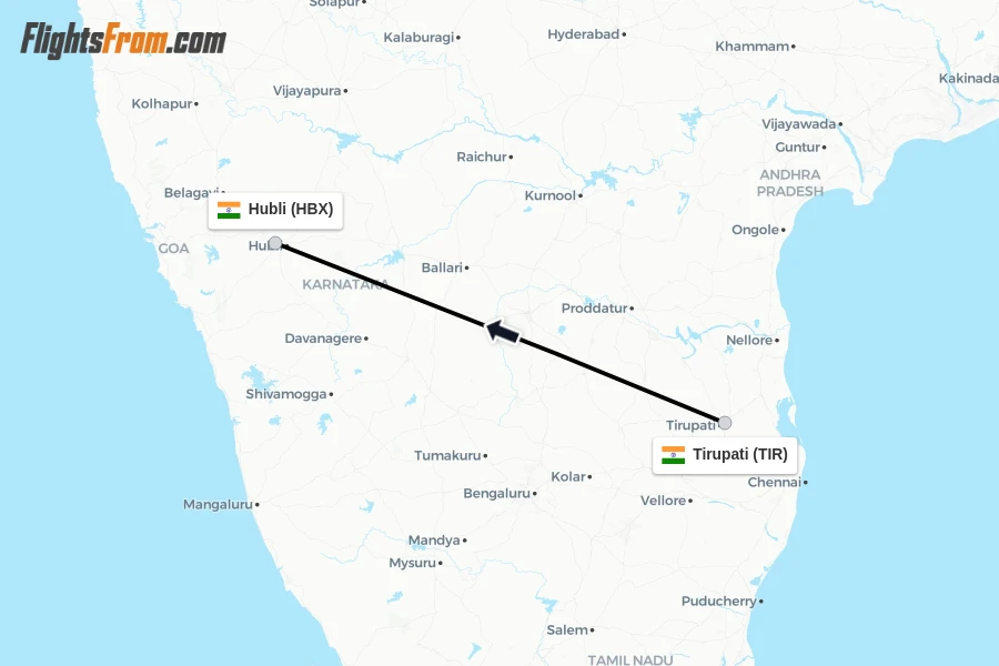 Flights from Tirupati to Hubli route map