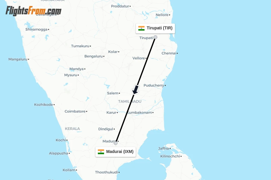 Flights from Tirupati to Madurai route map