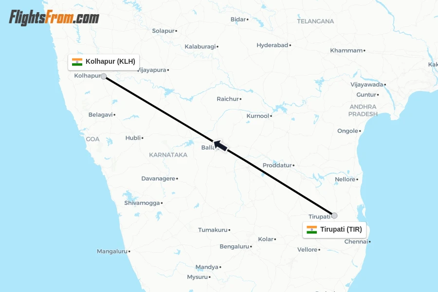 Flights from Tirupati to Kolhapur route map