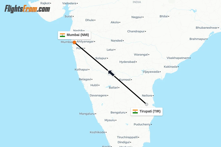 Flights from Tirupati to Mumbai route map