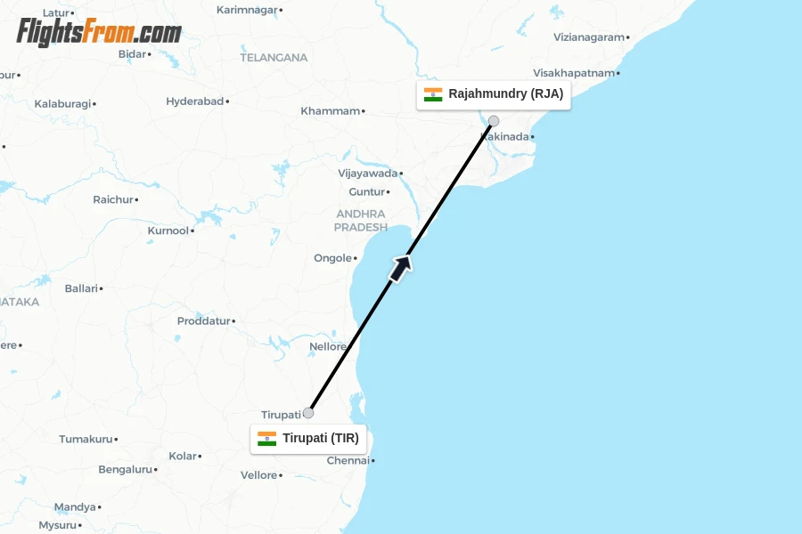 Flights from Tirupati to Rajahmundry route map