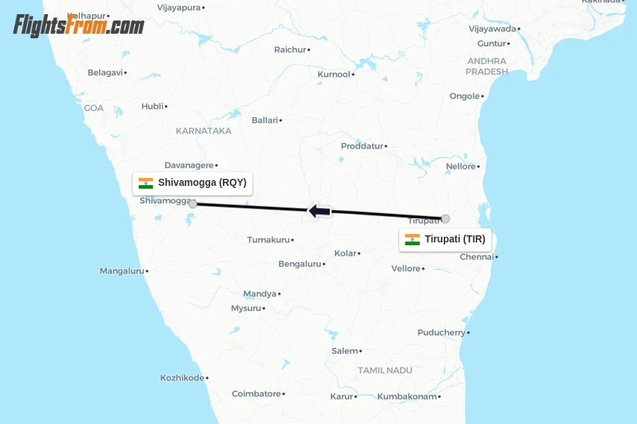 Flights from Tirupati to Shivamogga route map