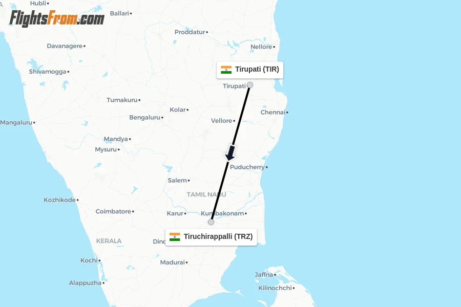 Flights from Tirupati to Tiruchirappalli route map
