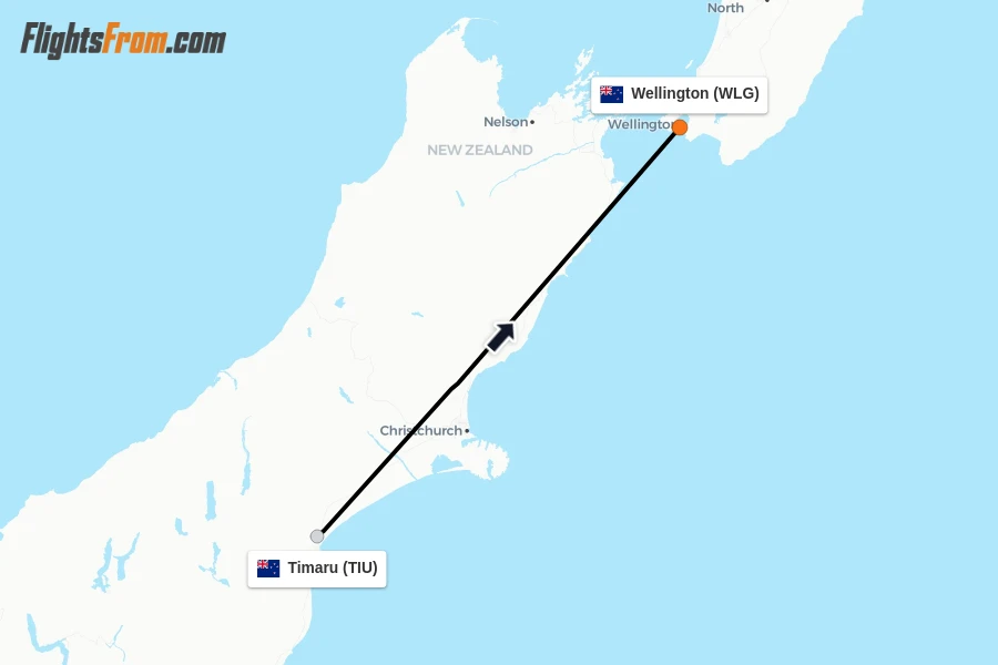 Flights from Timaru to Wellington route map