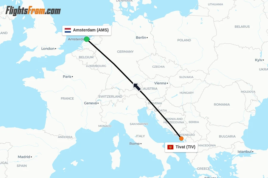 Flights from Tivat to Amsterdam route map