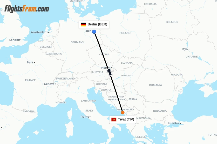 Flights from Tivat to Berlin route map