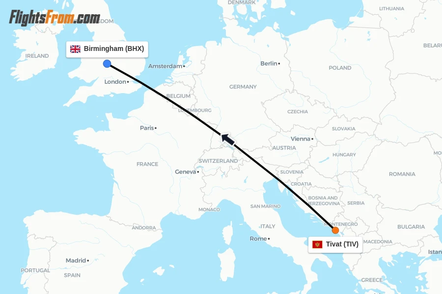 Flights from Tivat to Birmingham route map
