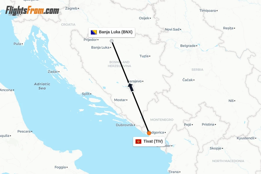 Flights from Tivat to Banja Luka route map