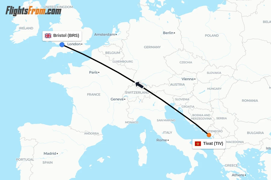 Flights from Tivat to Bristol route map