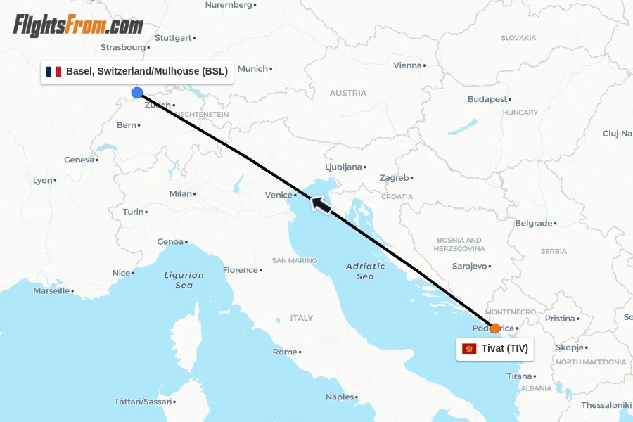 Flights from Tivat to Basel, Switzerland/Mulhouse route map