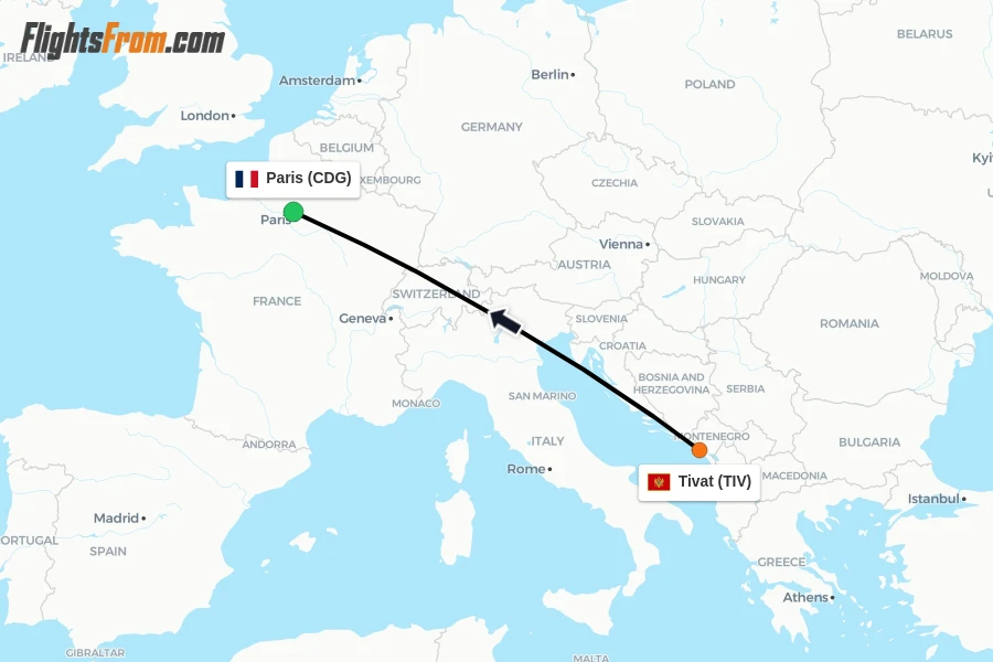 Flights from Tivat to Paris route map