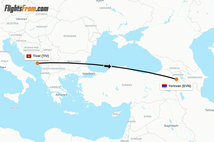 Flights from Tivat to Yerevan route map