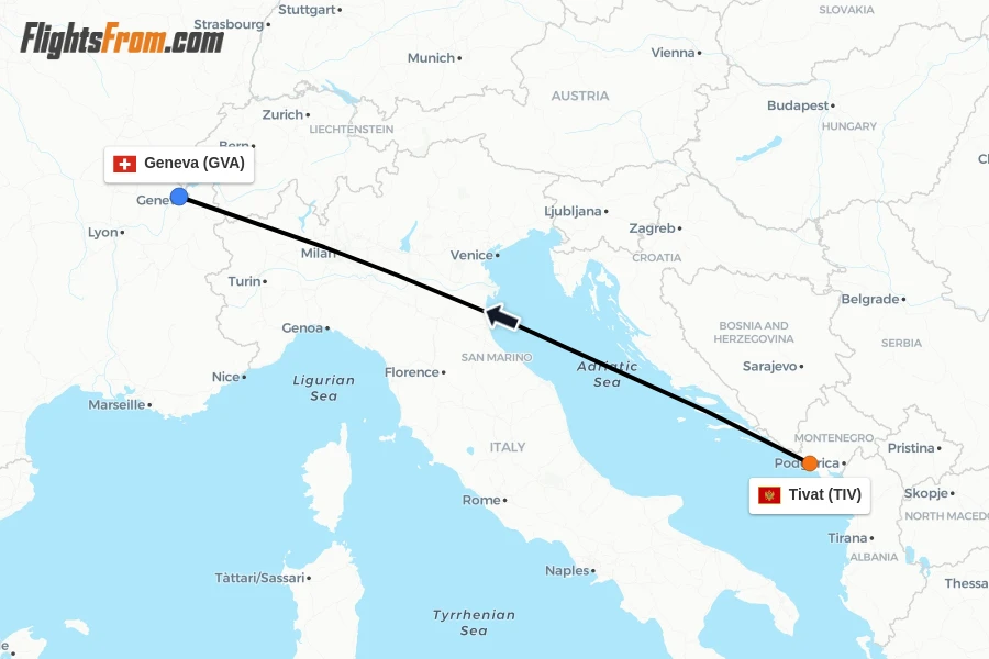 Flights from Tivat to Geneva route map