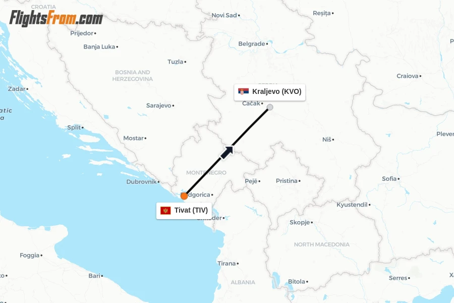 Flights from Tivat to Kraljevo route map
