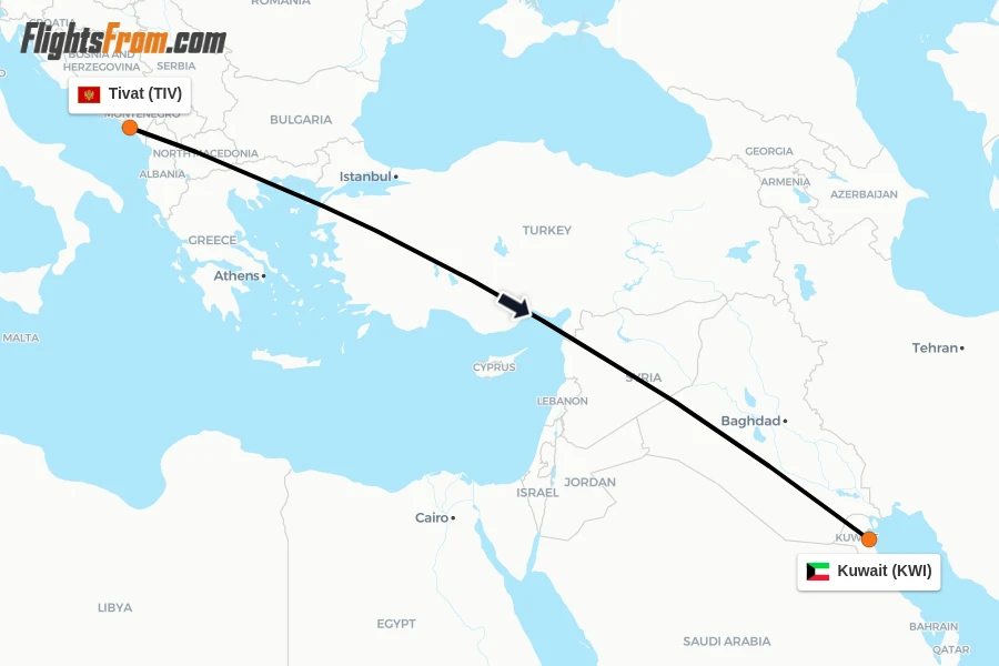 Flights from Tivat to Kuwait route map